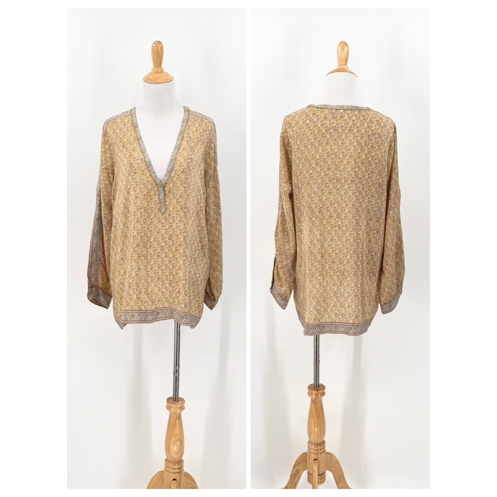 Calypso St. Barth Blouse Women Small Yellow Floral Silk Long Sleeve V-Neck Tunic